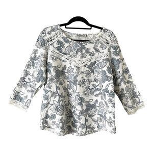Elena Baldi 3/4 Sleeve Blue White Floral 100% Linen Lace Trim Italy Size Large